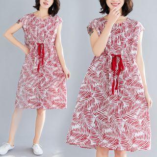 Cap-sleeve Leaf Print A-line Dress