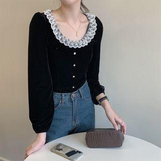 Lace Velvet Long-sleeve Slim-fit Top As Figure - One Size
