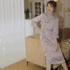 Mandarin Collar Flower Print 3/4-sleeve Midi Sheath Dress