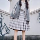 Plain Blouse / Argyle Pattern Cardigan / Plaid Pleated Skirt