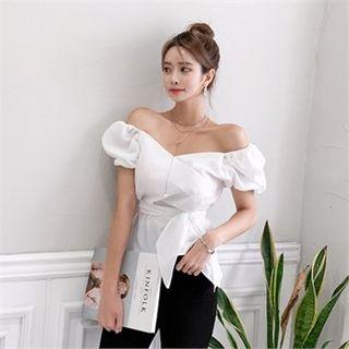 Puff-sleeve Wrap-front Top With Sash
