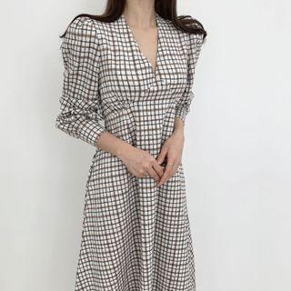 Lantern-sleeve V-neck Plaid Slim Fit Dress