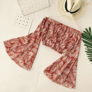 Off-shoulder Leaf Print Long-sleeve Top