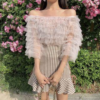Boatneck Layered Chiffon Top / Gingham Mini Skirt