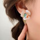 Flower Faux Crystal Rhinestone Earring Type A - 1 Pair - 925 Silver Stud - White & Green - One Size