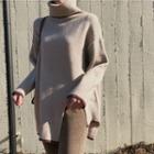 Turtleneck Cutout-hem Sweater Beige - One Size