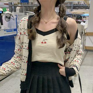 Set: Long-sleeve Contrast Trim Cherry Print Cardigan + Camisole Top Set - Cardigan & Camisole Top - Off-white & Black - One Size