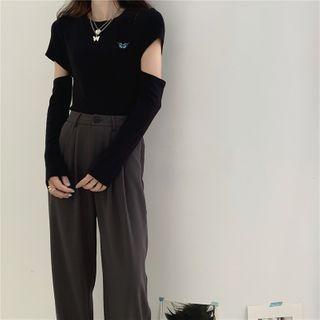 Set : Embroidered Short-sleeved Top + Wide Leg Suit Pants