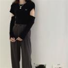 Set : Embroidered Short-sleeved Top + Wide Leg Suit Pants