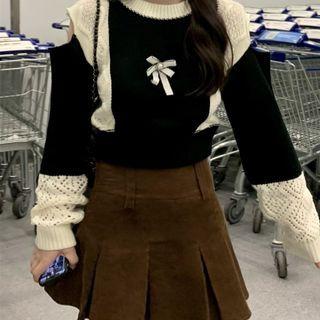 Bow Accent Pointelle Knit Sweater / Mini A-line Skirt