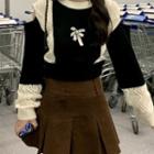 Bow Accent Pointelle Knit Sweater / Mini A-line Skirt