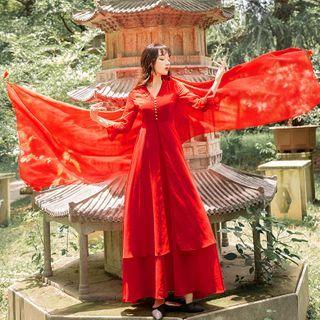 Set: Shawl + Lace Trim Flared-sleeve Maxi A-line Dress