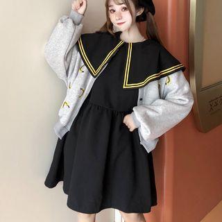 Striped Trim Collared Long-sleeve A-line Dress Black - One Size