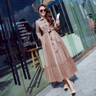 Mesh Panel Long-sleeve Midi Collared Dress