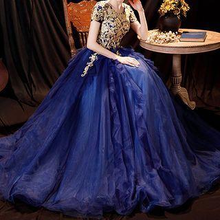 Short-sleeve Foil Evening Ball Gown