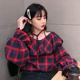 Plaid Off-shoulder Puff-sleeve Blouse