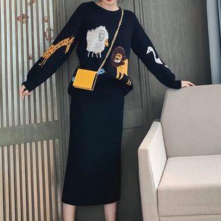 Set: Cartoon Sweater + Midi Knit Skirt Set Of 2 - Black - One Size