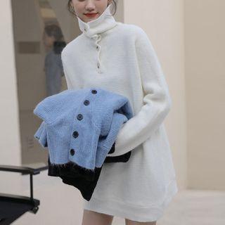 Half-button Mock Neck Long Knit Top