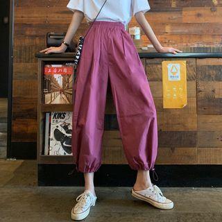 Drawstring-cuff Loose Fit Pants Fuchsia - One Size