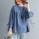 Plain Round-neck Cropped Sleeve T Shirt Blue - L