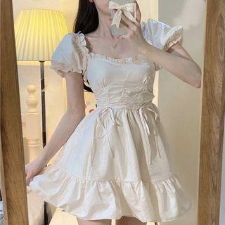 Puff-sleeve Ruffle Trim Drawstring Mini Dress
