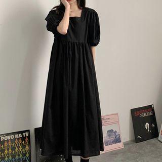 Puff-sleeve Square Collar Plain Maxi Dress