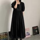 Puff-sleeve Square Collar Plain Maxi Dress