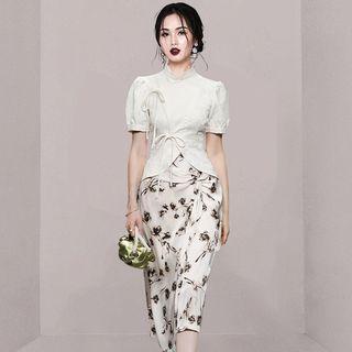 Set: Mandarin Collar Blouse + Floral Midi Pencil Skirt