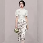 Set: Mandarin Collar Blouse + Floral Midi Pencil Skirt