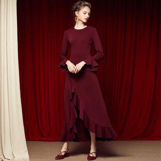 Ruffled Long-sleeve A-line Maxi Dress