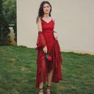 Set: Spaghetti Strap Asymmetrical Layered Midi Dress + Chiffon Light Jacket