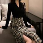 Set: Long-sleeve T-shirt + Plaid Midi Pencil Skirt