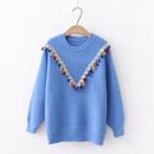 Color Fringe Accent Rib Knit Sweater