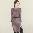 Contrast-cuff Herringbone Sheath Dress With Belt