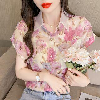 Short-sleeve Floral Print Organza Shirt