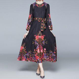 Long-sleeve Floral Tie-waist Midi A-line Dress