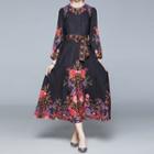 Long-sleeve Floral Tie-waist Midi A-line Dress