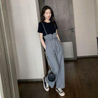 Set: Short Sleeve Plain V-neck T-shirt + Suspender Pants