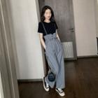 Set: Short Sleeve Plain V-neck T-shirt + Suspender Pants