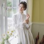 Mock-neck Plain Ruffle Drawstring A-line Dress