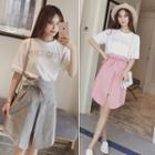 Set: Lettering Short Sleeve T-shirt + Striped Tie Waist A-line Skirt