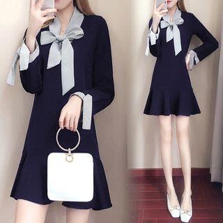 Striped Bow Neck Ruffled Hem A-line Dress