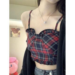 Plaid Crop Camisole Top Plaid - Red & Black - One Size