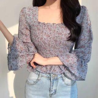 Ruffle-sleeve Square Neck Floral Blouse Top