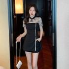Set: Puff-sleeve Floral Print Panel Sequined Trim A-line Dress + Shorts