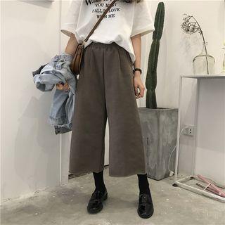 Plain High-waist Loose-fit Cropped Wide-leg Pants