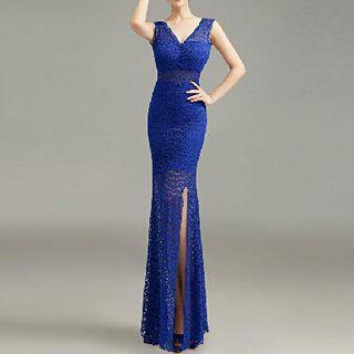 Sleeveless Side Slit Sheath Lace Evening Gown