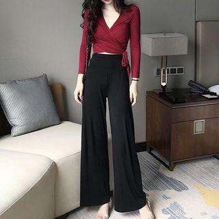 Long-sleeve Wrap T-shirt / Plain Wide Leg Pants
