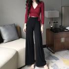 Long-sleeve Wrap T-shirt / Plain Wide Leg Pants