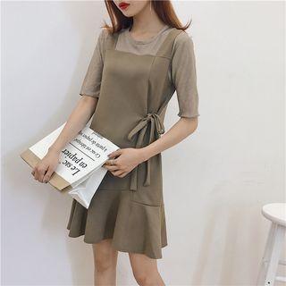 Short-sleeve Tie-waist Mock Two-piece Dress